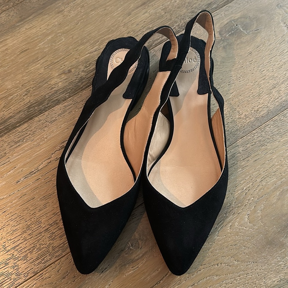 Chloe Lauren Scalloped Slingback Flats in Black Suede, sz 40